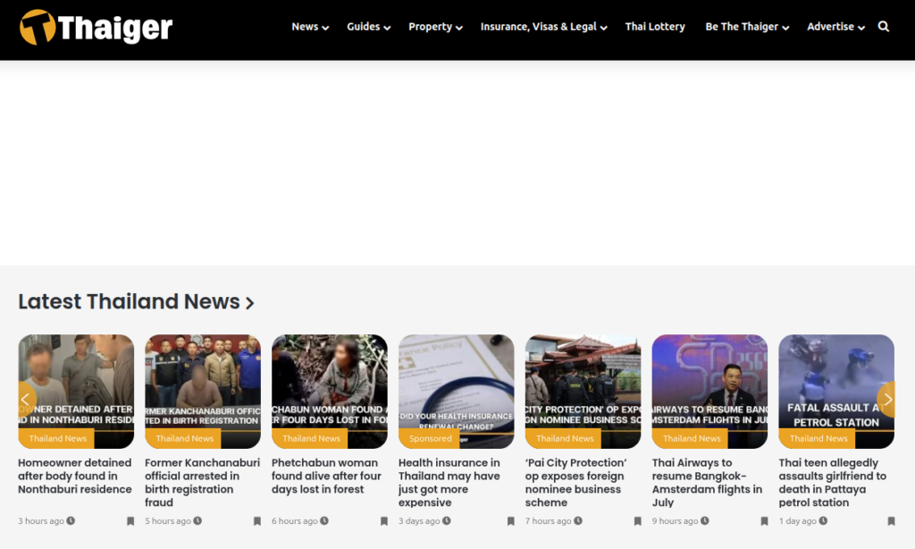 Screenshot der Website The Thaiger – aktuelle Nachrichten aus Thailand