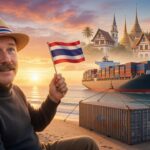 Hans im Glück auf einem thailändischen Strand bei Sonnenuntergang mit einer kleinen thailändischen Flagge in der Hand. Im Vordergrund steht ein Seecontainer im Sand, im Hintergrund ist ein Containerschiff auf dem Meer zu sehen. Symbolbild für den Umzug nach Thailand mit Seecontainer.