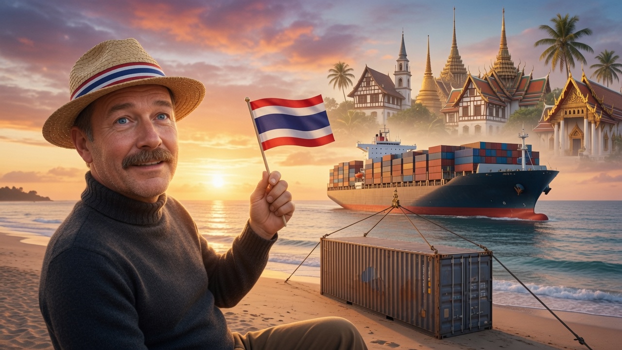 Hans im Glück auf einem thailändischen Strand bei Sonnenuntergang mit einer kleinen thailändischen Flagge in der Hand. Im Vordergrund steht ein Seecontainer im Sand, im Hintergrund ist ein Containerschiff auf dem Meer zu sehen. Symbolbild für den Umzug nach Thailand mit Seecontainer.