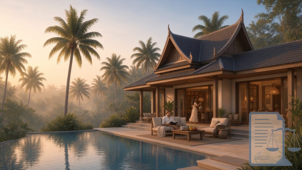 Moderne thailändische Villa mit traditionellem Dach und Palmen bei Sonnenuntergang, Symbolbild zum Thema Langzeitpacht in Thailand