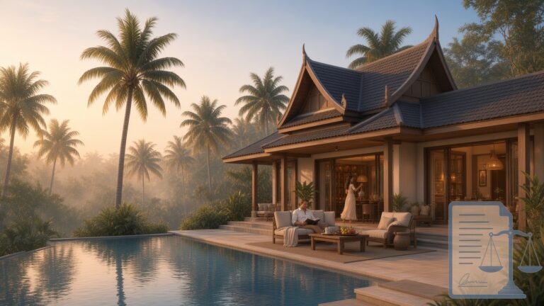 Moderne thailändische Villa mit traditionellem Dach und Palmen bei Sonnenuntergang, Symbolbild zum Thema Langzeitpacht in Thailand