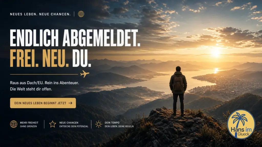 Person steht am Abendlicht am Horizont, Schriftzug „Endlich abgemeldet“ – Motiv Auswandern und Neuanfang.