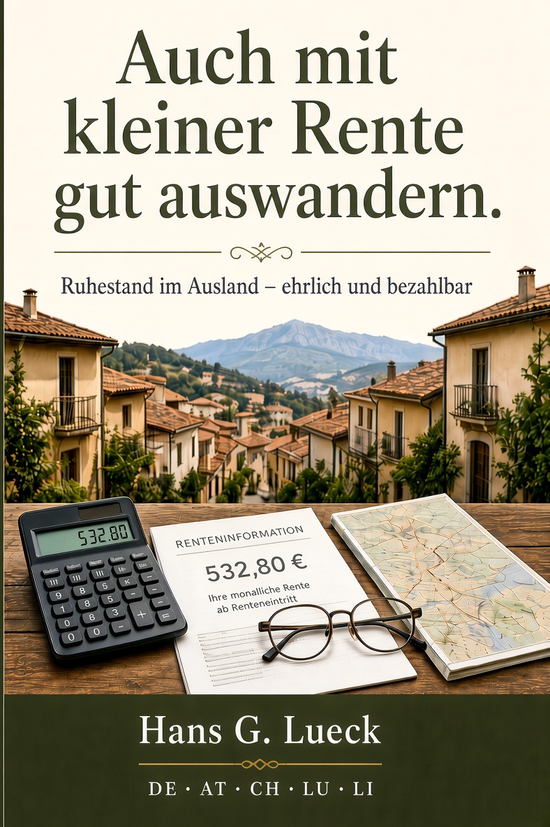 Cover Auch mit kleiner Rente gut auswandern: Küchentisch mit Rentenbescheid und Karte