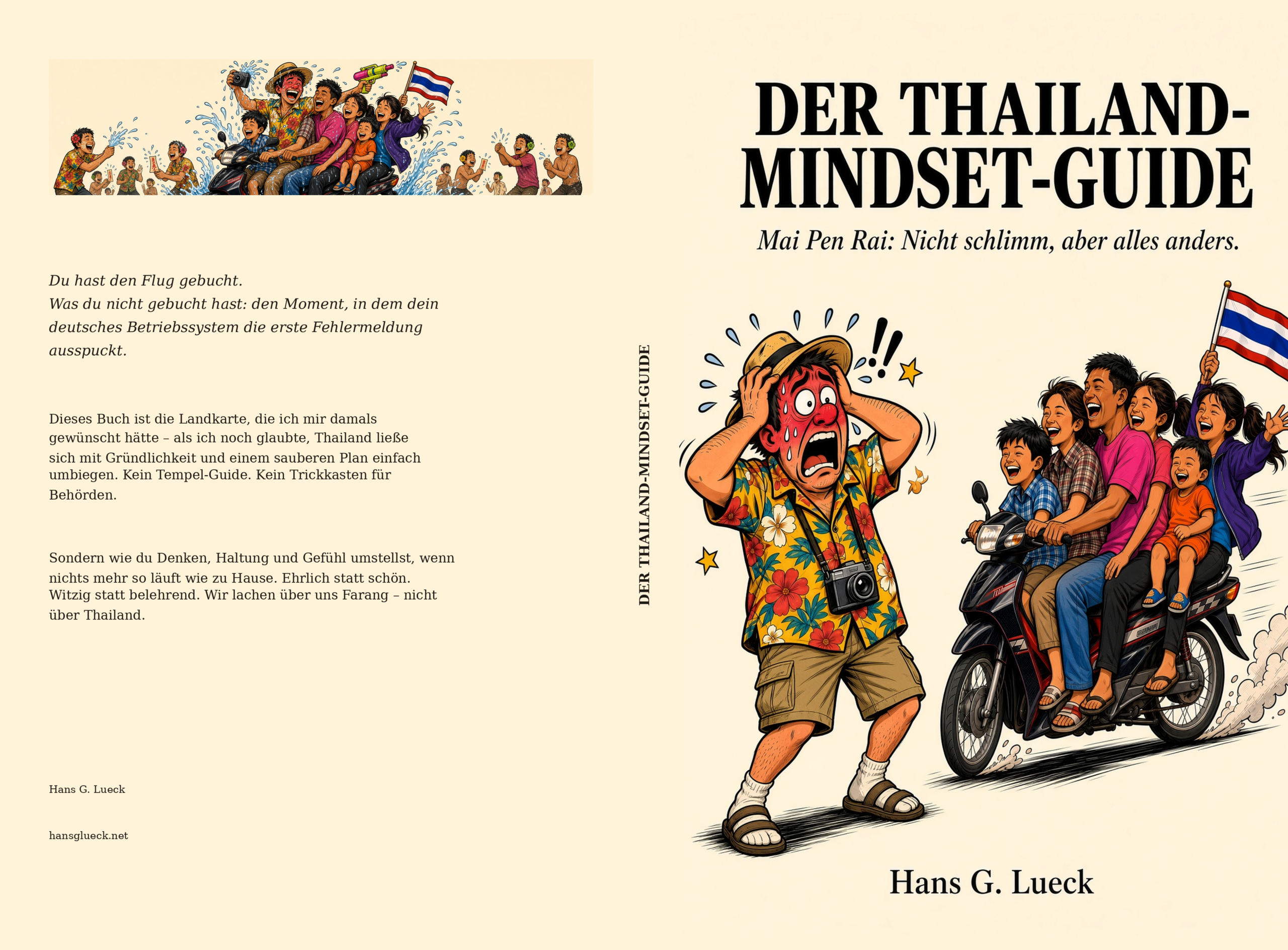 Cover Der Thailand-Mindset-Guide: gestresster Farang neben einer lachenden thailändischen Familie auf dem Moped