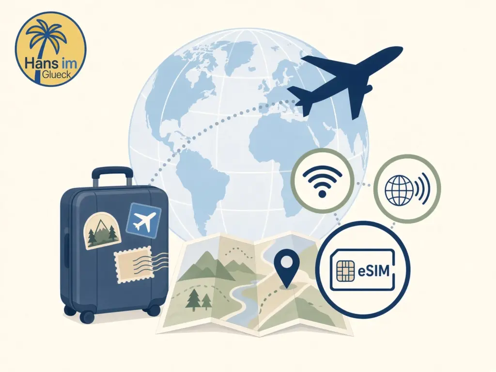 Hans im Glueck Logo vor Weltkugel mit Flugzeug, Koffer, WLAN- und eSIM-Symbolen – digitale eSIM statt Roaming auf Reisen