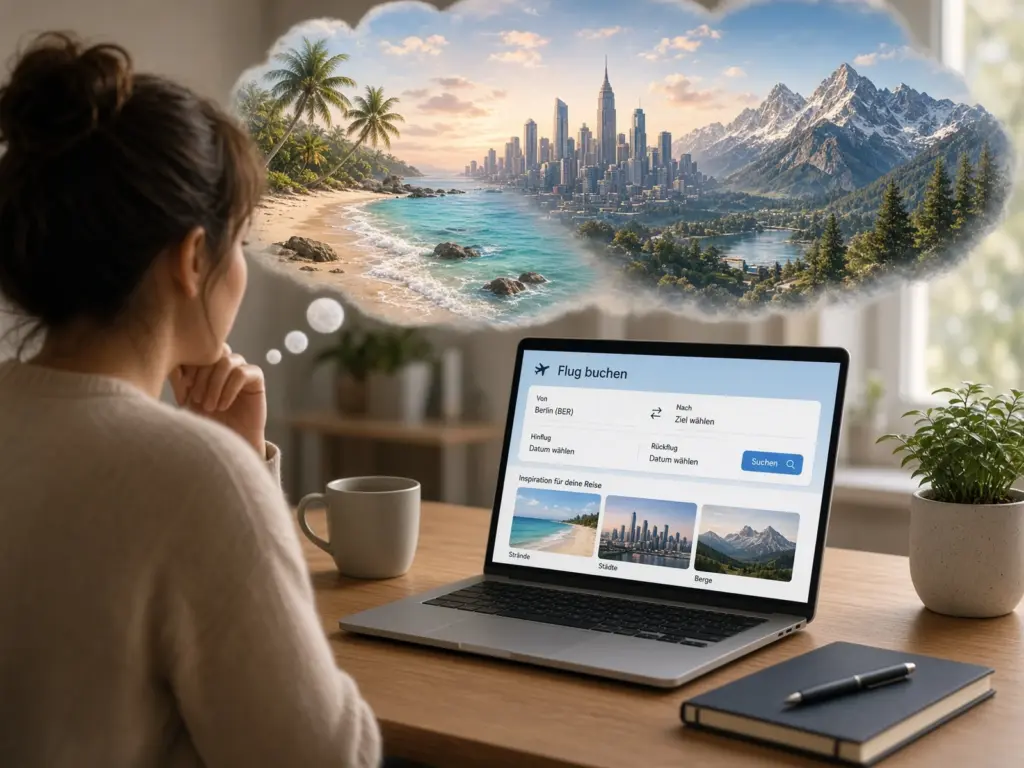 Laptop auf dem Schreibtisch mit Flugsuche und Reisezielen: Strände, Städte und Berge