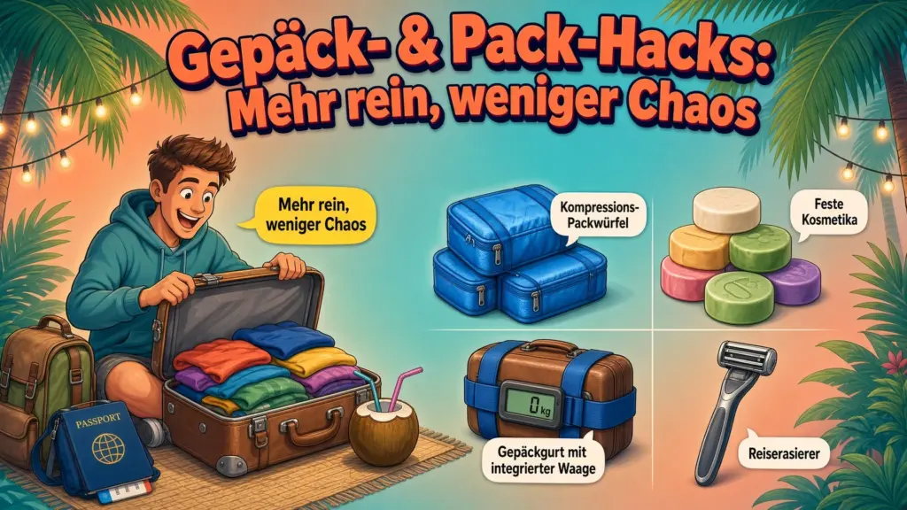 Illustration: Reisender packt einen Koffer mit bunter Kleidung, daneben Packwürfel, feste Kosmetika, Gepäckgurt mit Waage und Reiserasierer