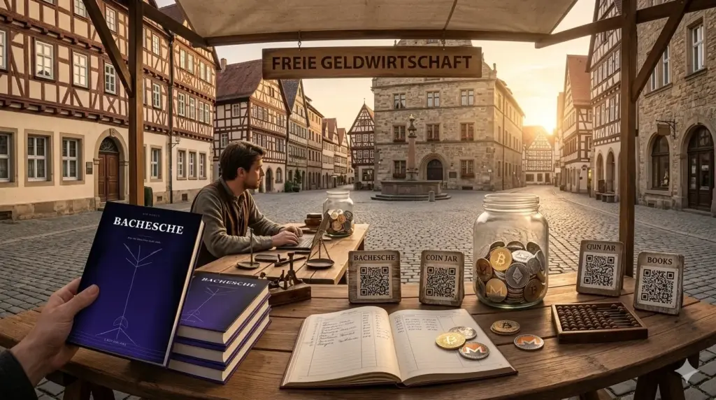 Marktstand mit dem Schild "Freie Geldwirtschaft" auf einem historischen Fachwerk-Marktplatz: Bücher, ein Glas mit Krypto-Münzen, ein Rechnungsbuch und QR-Code-Schilder symbolisieren freie, dezentrale Geldsysteme als Alternative zum klassischen Bankwesen