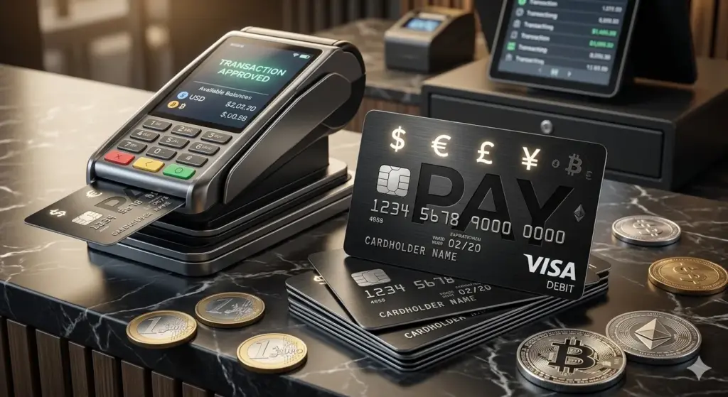 Schwarze Debitkarte mit Dollar-, Euro-, Pfund- und Bitcoin-Symbolen neben Kartenlesegerät und Euro- sowie Krypto-Münzen auf Marmortisch
