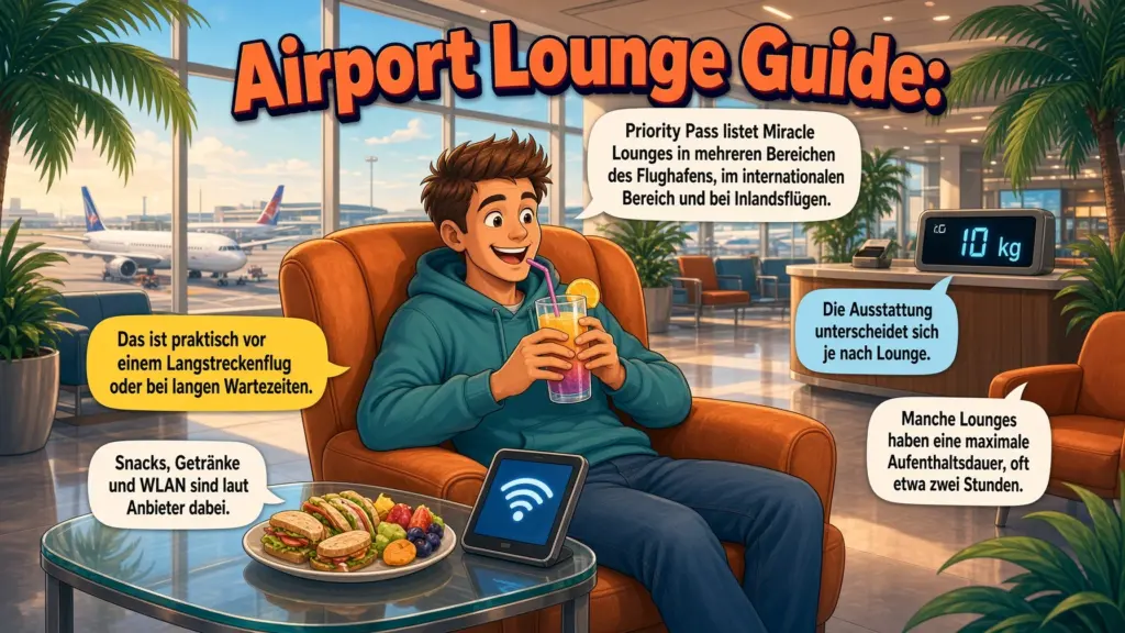 Illustration: Reisender entspannt in einer Flughafen-Lounge mit Getränk, Snacks und WLAN, im Hintergrund Flugzeuge