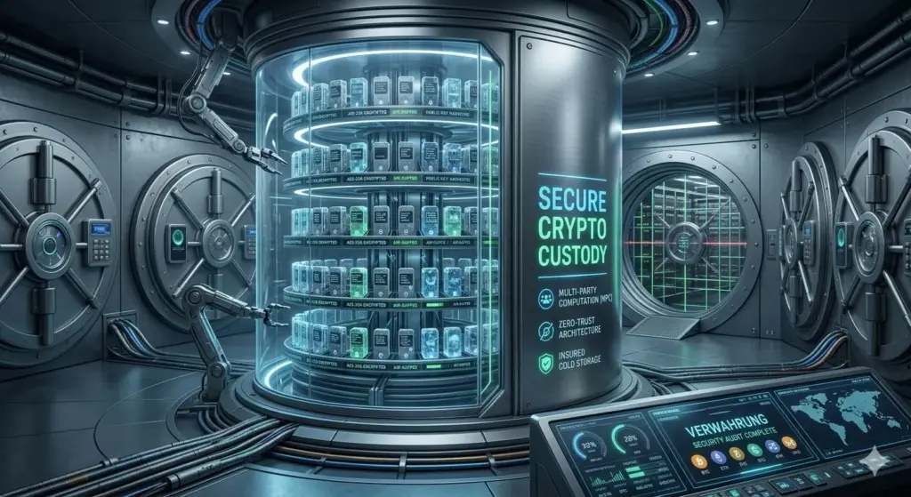 Futuristischer Sicherheitsraum mit verschlüsselten Kabeln und Kontrollbildschirm "Verwahrung – Security Audit Complete", umgeben von Krypto-Symbolen wie Bitcoin und Ethereum