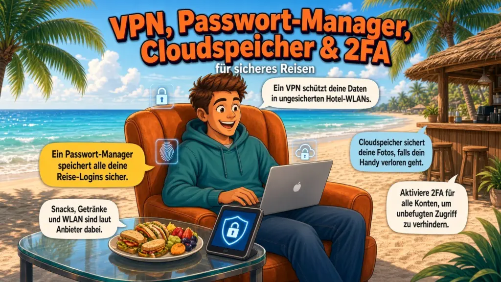 Mann sitzt am Strand mit Laptop und Tablet: Tipps zu Passwort-Manager, Zwei-Faktor-Anmeldung, Cloud-Backup und unsicherem Hotel-WLAN.