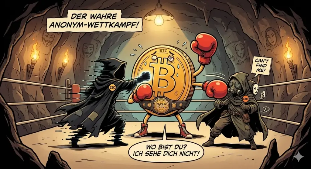 Comic-Illustration eines Boxkampfs: eine Bitcoin-Münze mit Boxhandschuhen im Ring gegen eine vermummte, unsichtbare Gestalt mit XMR-Symbol (Monero), Titel "Der wahre Anonym-Wettkampf"