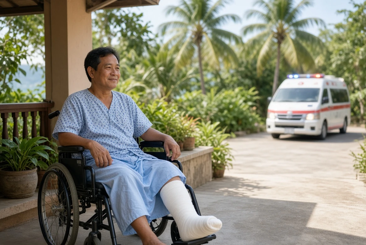 Mann im Rollstuhl mit Gipsbein vor einer thailändischen Klinik, im Hintergrund ein Rettungswagen. Beitragsbild zum Artikel Krankenversicherung in Thailand.